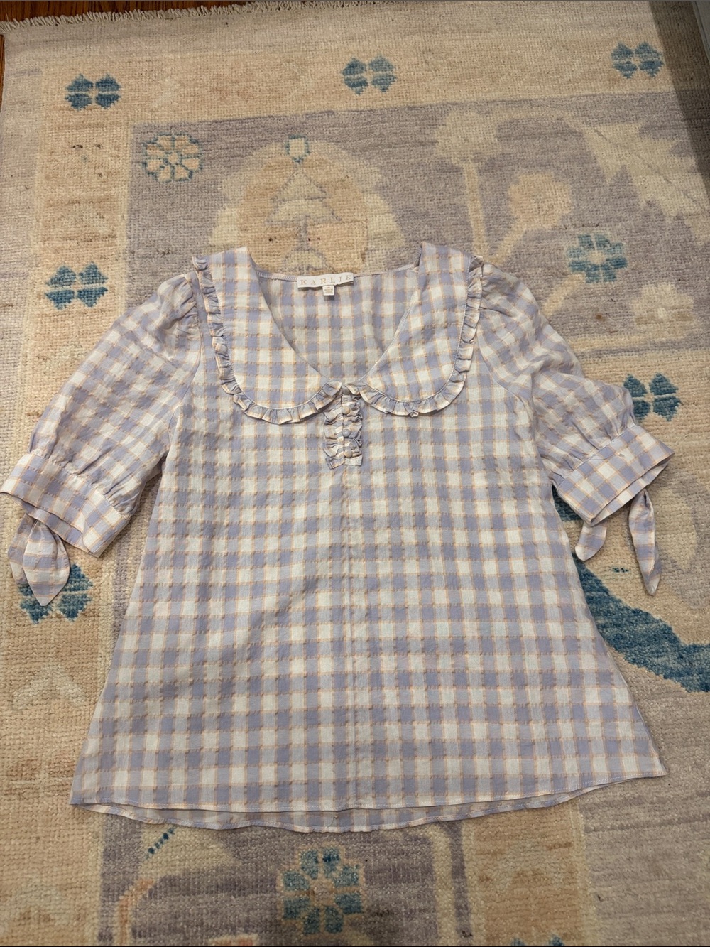 Karlie Lavender Plaid Ruffle Collar Womenโs Top